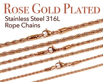 Rose Gold Plated Stainless Steel 316L Rope Chains Necklaces 14in 16in 18in 20in 22in 24in 26in 28in 30in length, 2mm 3mm 4mm thickness