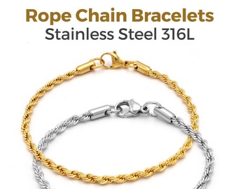 6" to 13" Lengths Gold Plated 18K or Silver color Stainless Steel 316L Rope Chain Bracelets / Anklets Men Women 2, 3, or 4mm thick