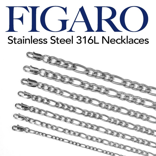 Stainless Steel 316L Figaro Chains Necklaces Men Women 4, 5, 6, 7, 8, 9, 10mm thickness - 12 to 48 inches Length Silver Color