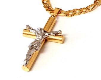 Titanium Steel Gold Plated Jesus Cross with 18K Gold Plated 6mm Stainless Steel Figaro chain Crucifix Necklace