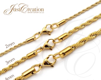 Gold Plated 18K, 2 3 4mm thick - Stainless Steel 316L Rope Chain Necklace Bracelet Men Women 6 7 8 16 18 20 22 24 26 28 30 32 34 36in Length
