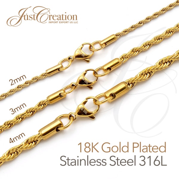 6in to 36in Lengths Gold Plated 18K, 2 3 4mm thick - Stainless Steel 316L Rope Chain Necklaces Bracelets Anklets Men Women