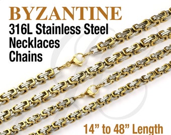 Byzantine Silver Gold Stainless Steel 316L Chains Necklaces Men Women 4mm, 5mm thickness - 12 to 36 inches Length