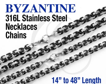 Byzantine Silver Black Stainless Steel 316L Chains Necklaces Men Women 4mm, 5mm thickness - 12 to 36 inches Length