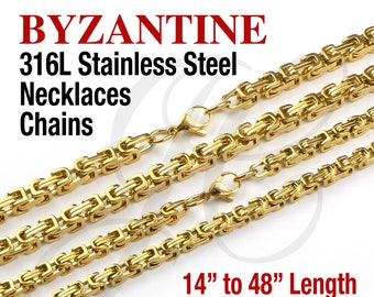 Byzantine 18K Gold Plated Stainless Steel 316L Chains Necklaces Men Women 4mm, 5mm thickness - 12 to 36 inches Length