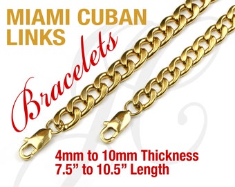 18K Gold Plated Stainless Steel 316L Miami Cuban Chain Bracelet Men Women 4, 5, 6, 7, 8, 9, 10mm thickness - 6 in to 11 in Length
