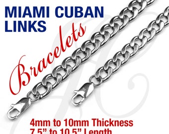 Stainless Steel 316L Miami Cuban Chain Bracelet Men Women 4, 5, 6, 7, 8, 9, 10mm thickness - 6 in to 11 in Length Silver Color