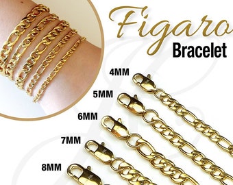 18K Gold Plated Stainless Steel 316L Figaro Chain Bracelet Men Women 4, 5, 6, 7, 8, 9, 10mm thickness - 6 in to 11 in Length