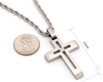 Titanium Steel Silver Color Beveled Cross with 3mm Stainless Steel Rope Chain Chain Crucifix Necklace