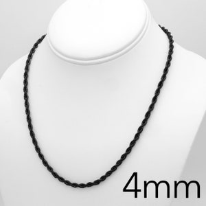 May include: Black rope chain necklace on a white mannequin. The chain is 4mm wide.