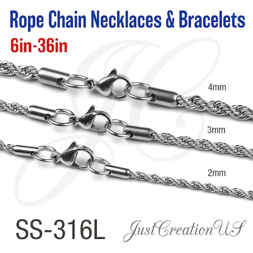 316L Stainless Steel Rope Chain: Necklace, Bracelet, Anklet