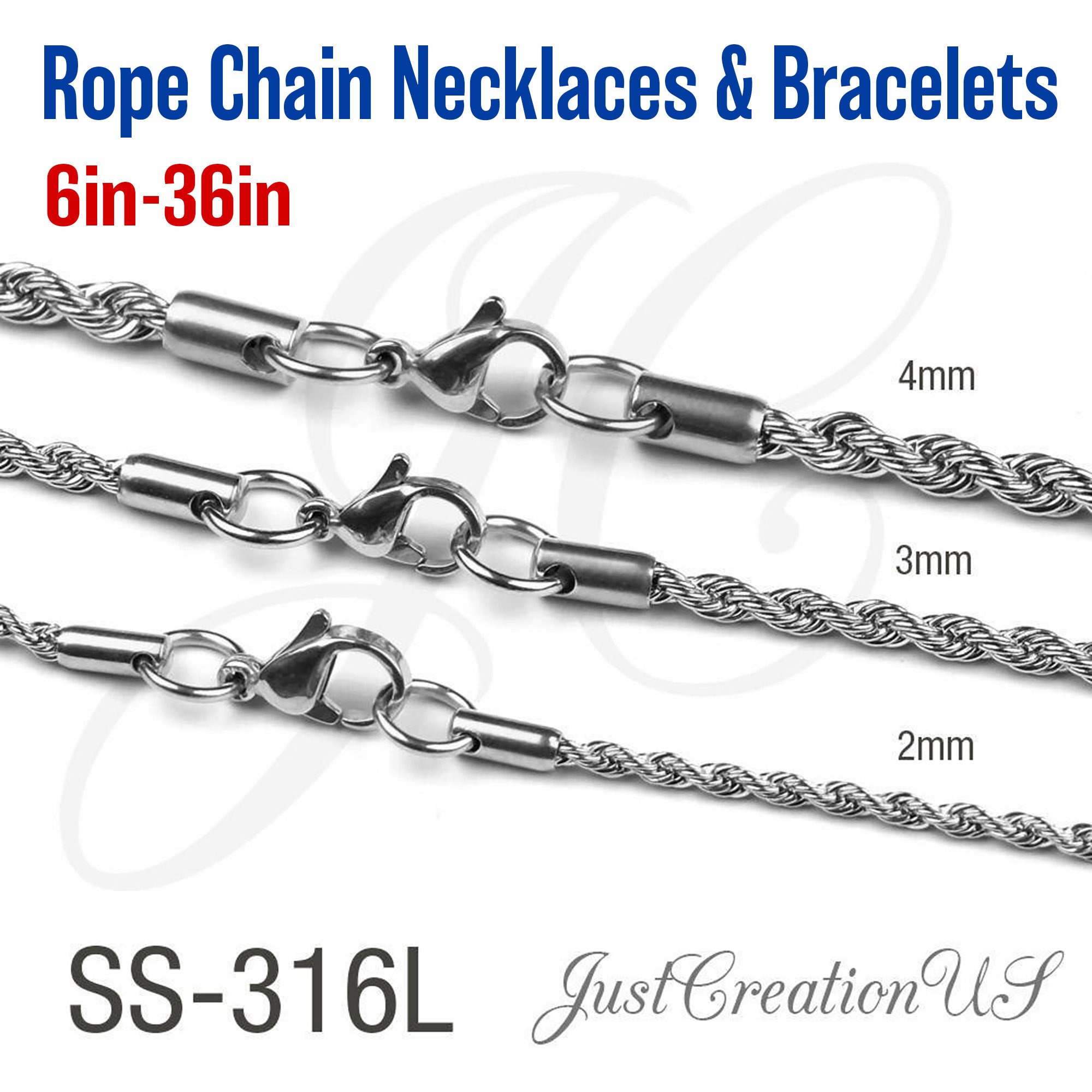 Stainless Steel 316L 2mm, 3mm, 4mm Rope Chain Necklace Bracelet