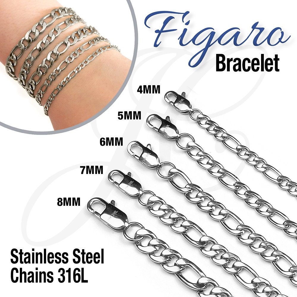 Stainless Steel 316L Figaro Chain Bracelet Men Women 4 5 6 7 8
