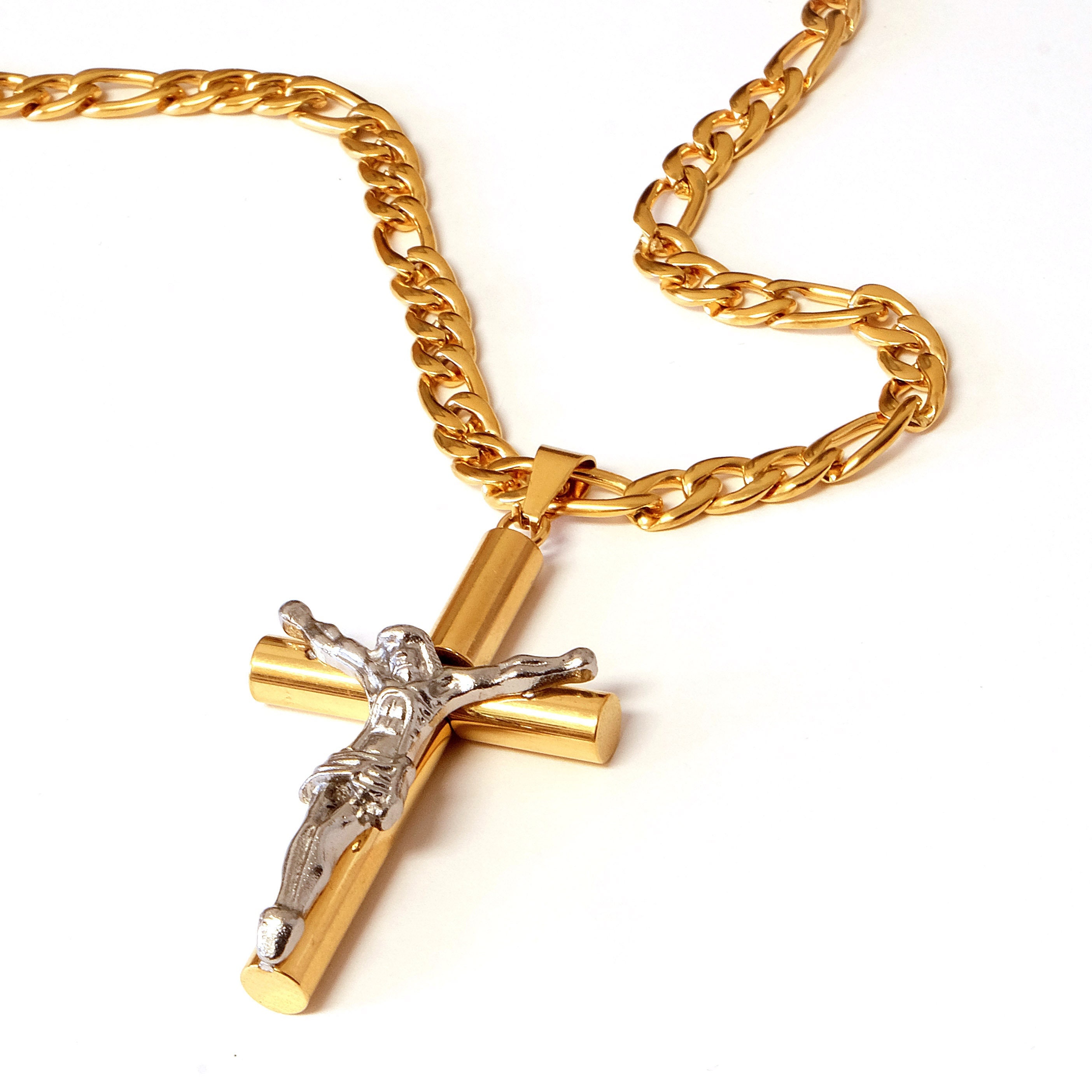 YES‼︎!!様 Gold Plated Jesus Cross Necklace: Titanium Steel Figaro Chain