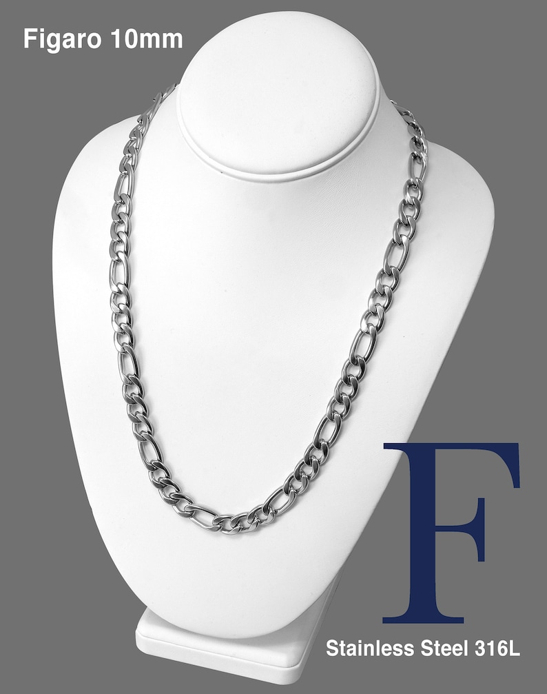May include: A silver Figaro chain necklace with a 10mm width, made of stainless steel 316L. The chain is displayed on a white mannequin.
