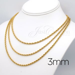 6in to 36in Lengths Gold Plated 18K, 2 3 4mm thick Stainless Steel 316L Rope Chain Necklaces Bracelets Anklets Men Women image 3