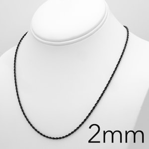 May include: A black rope chain necklace with a 2mm width. The chain is displayed on a white mannequin.