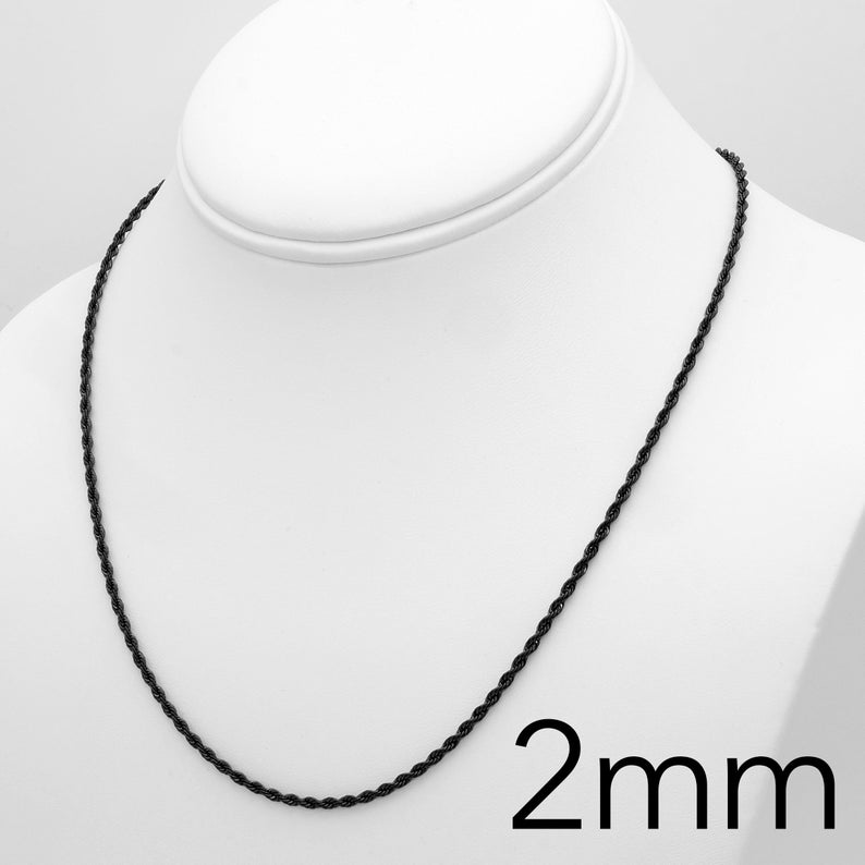 May include: A black rope chain necklace with a 2mm width. The chain is displayed on a white mannequin.