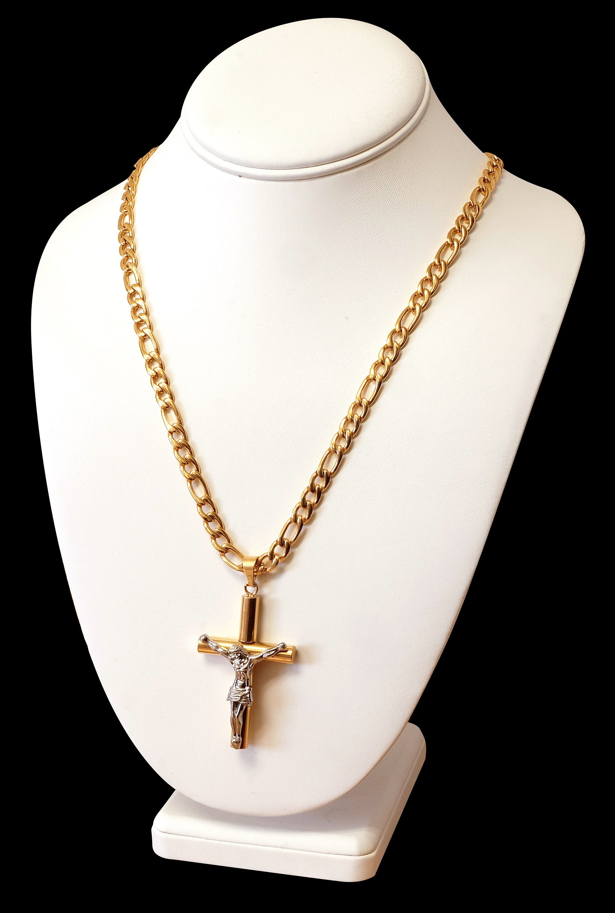Gold Plated Jesus Cross Necklace: Titanium Steel Figaro Chain