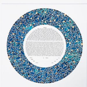 Ketubah judía personalizada cortada en papel - 021, Ketubah moderna redonda, tonos de hojas azules, hoja de oro de 24 k