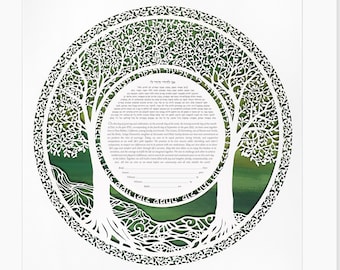 031 - Custom Jewish Papercut two trees round ketubah