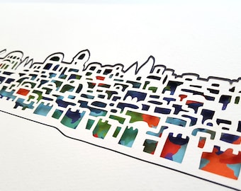 May include: A white paper cutout of a cityscape with a colorful patterned background. The cityscape is made up of buildings and other structures, and the background is a mix of red, blue, green, and white.