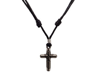 BlueRica Nail & Cross on Adjustable Black Cord Necklace (Old Silver Finish)