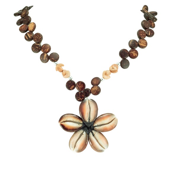 BlueRica Cowrie Shells Flower Pendant on Coconut Shell Beads Necklace