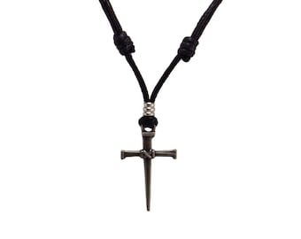 BlueRica Nail Cross Pendant on Adjustable Black Cord Necklace