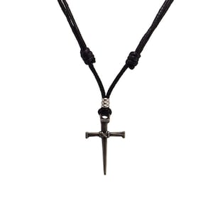 BlueRica Nail Cross Pendant on Adjustable Black Cord Necklace