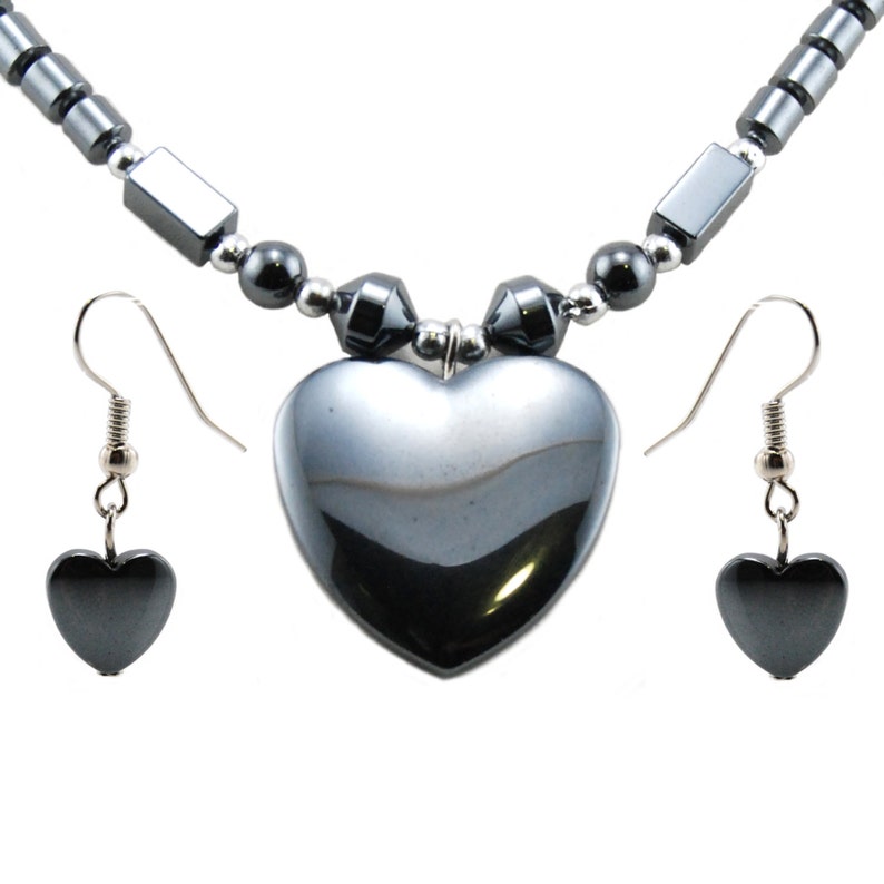 Hematite Heart Pendant Necklace Earring Set