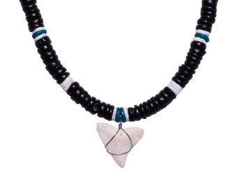 BlueRica Shark Tooth on Coconut & Puka Shell Beads Necklace (20" 4U)