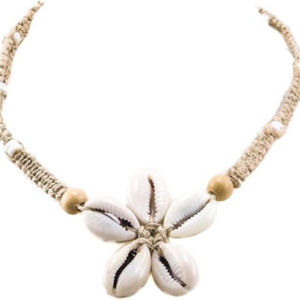 BlueRica Cowrie Shells Flower on Hemp Choker Necklace with Puka Shell Beads