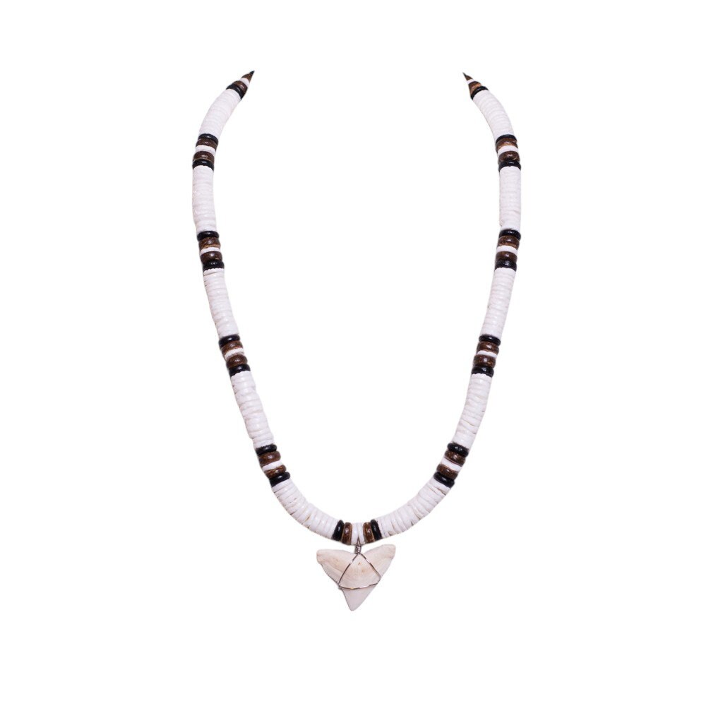 thumbnail image 2 of BlueRica Shark Tooth Necklace - Genuine Fossil Tooth With White & Blue Clam Shell Beads 2 of 12