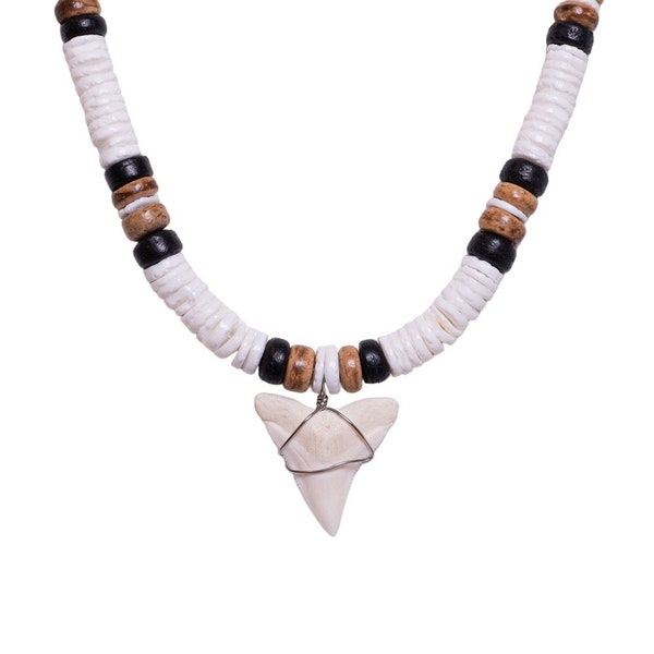 BlueRica Shark Tooth on Puka & Coconut Shell Beads Necklace (20" 4U)