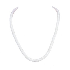 May include: A white necklace composed of small, round beads. The beads are strung together to form a continuous loop. The necklace is displayed against a white background, highlighting its simple design and color.