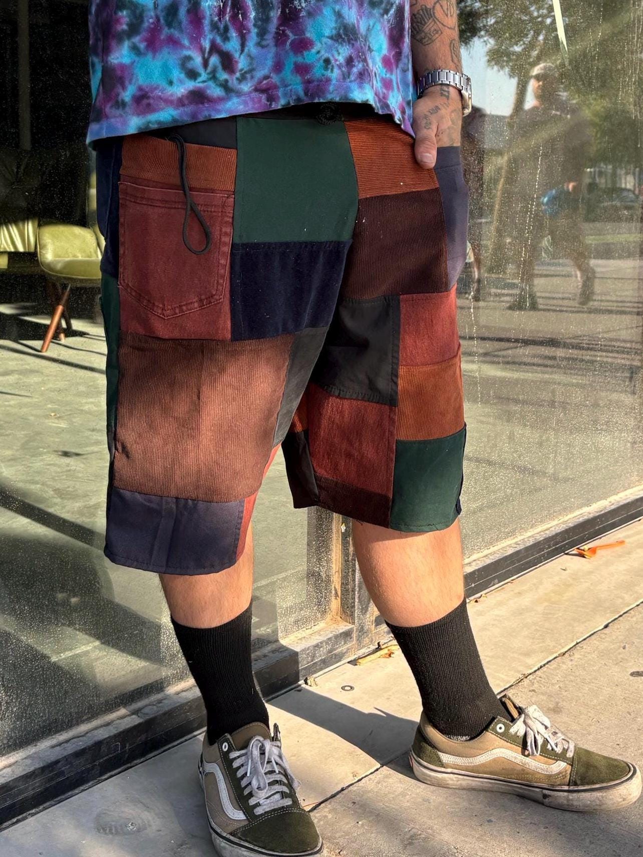 Made to order- Patchwork- Long/Board Shorts with Pockets - Woven Materials - Corduroy - Denim - Cotton Blends