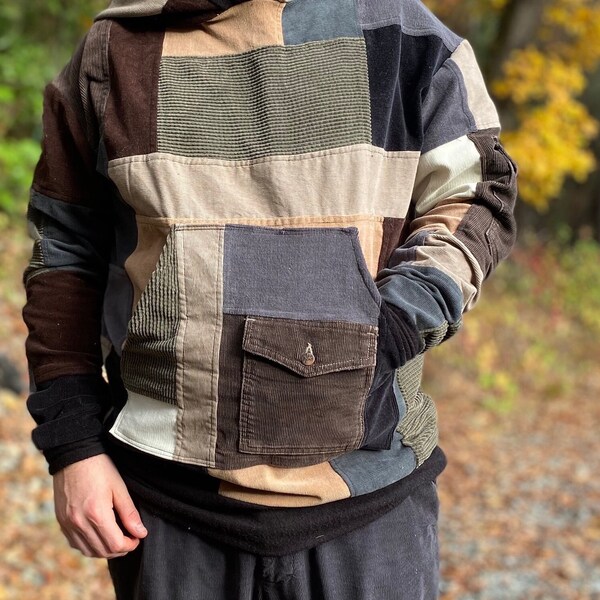 Large -patchwork hoodie pullover sweatshirt with large front pocket - lazer engraved patch on back