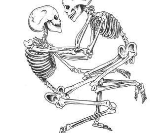 May include: A black and white line drawing of two skeletons embracing each other. The skeletons are drawn in a realistic style, with detailed bones and joints. The skeletons are facing each other, with their arms wrapped around each other. The drawing is done in a simple, minimalist style.