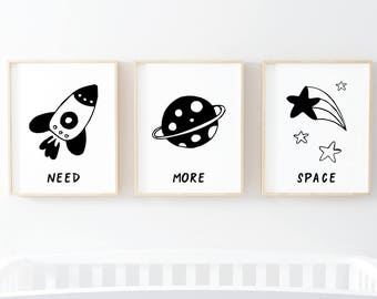 Space Nursery Prints Boy Nursery Decor Prints Set Wall Art Space Poster Minimalist Nursery Kids Room Decor Black White Nursery Art Prints