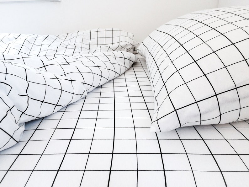 Monochrome Grid Twin Sheets Set with Pillowcase, Fitted Sheet Set, Kids Room Bedding, Kids Bedding Set, Toddler Bedding, Gender Neutral Room image 2