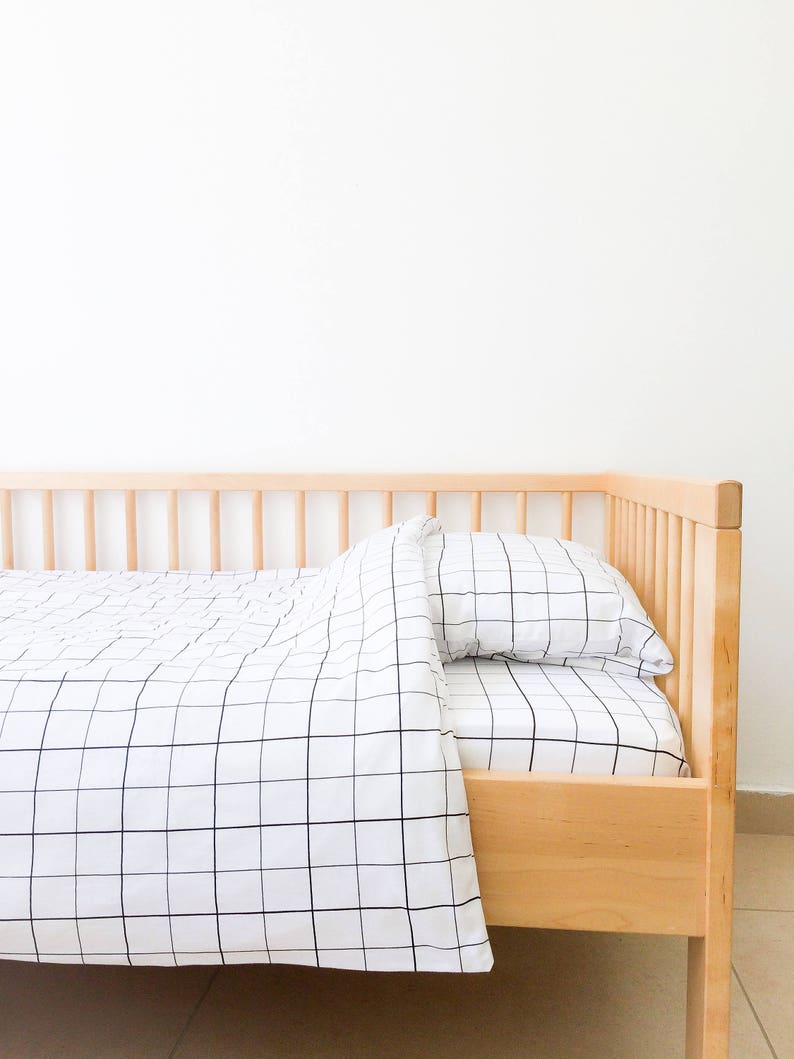 Monochrome Grid Twin Sheets Set with Pillowcase, Fitted Sheet Set, Kids Room Bedding, Kids Bedding Set, Toddler Bedding, Gender Neutral Room image 3