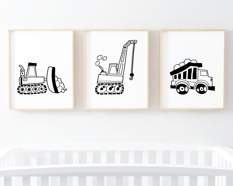 Nursery Print Boys Trucks Prints 8x10, Trucks Nursery Theme Printable Wall Art, Modern Nursery Boys Room Decor Black White Poster Art Print image 2