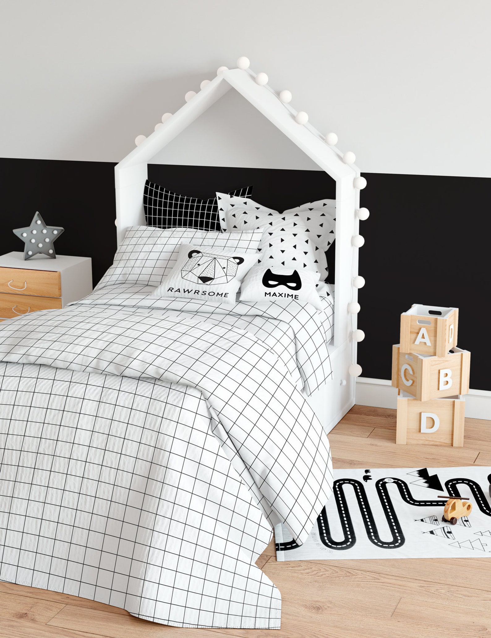 Grid Duvet Cover Twin Kid Bedding Set Boy Duvet Cover Black Etsy UK