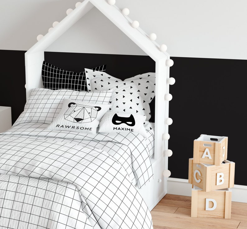 Monochrome Grid Twin Sheets Set with Pillowcase, Fitted Sheet Set, Kids Room Bedding, Kids Bedding Set, Toddler Bedding, Gender Neutral Room image 1