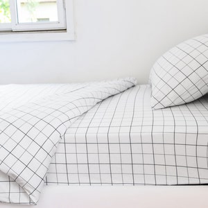 Monochrome Grid Twin Sheets Set with Pillowcase, Fitted Sheet Set, Kids Room Bedding, Kids Bedding Set, Toddler Bedding, Gender Neutral Room image 5