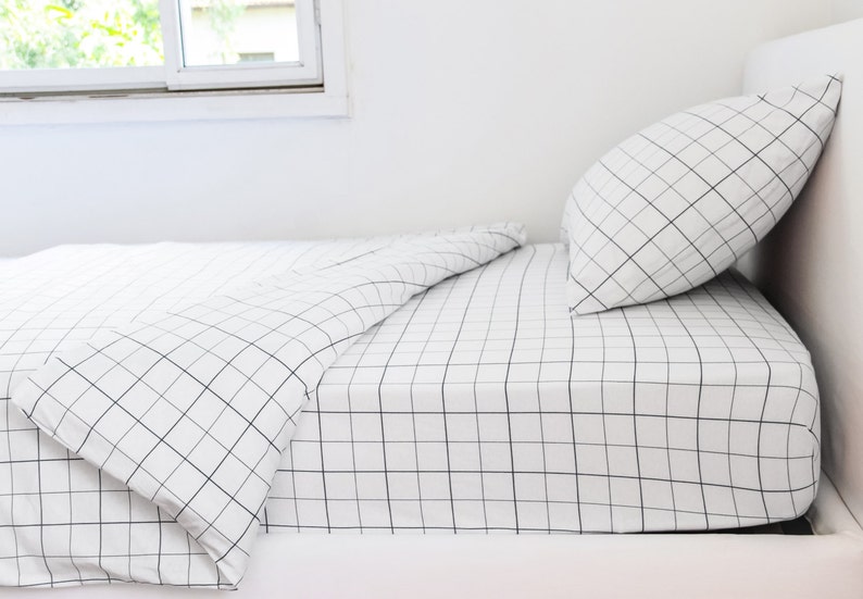 Monochrome Grid Twin Sheets Set with Pillowcase, Fitted Sheet Set, Kids Room Bedding, Kids Bedding Set, Toddler Bedding, Gender Neutral Room image 5