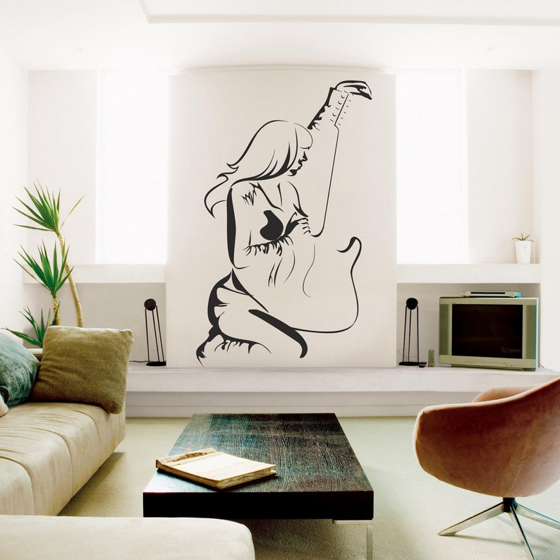 woman with guitar music wall decal girl with guitar wall | etsy