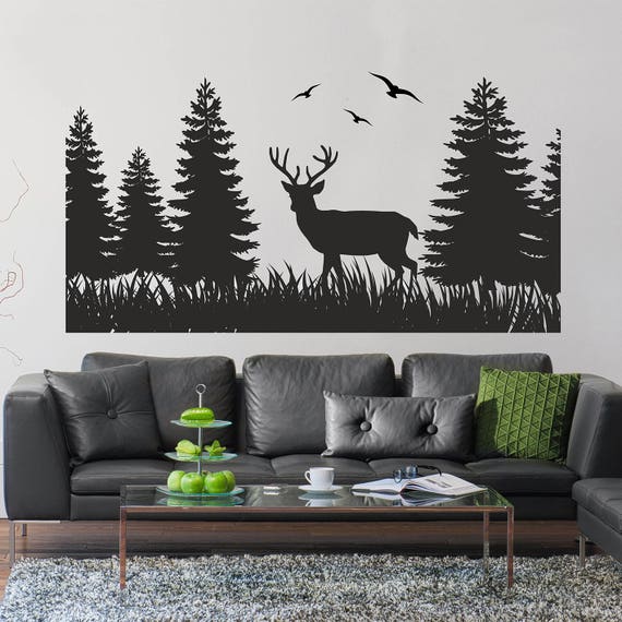 forest scene wall decal deer wall decal trees wall vinyl | etsy