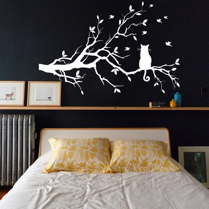 Tree With Birds and a Cat Wall Decal Black Cat Decal Cat and Etsy